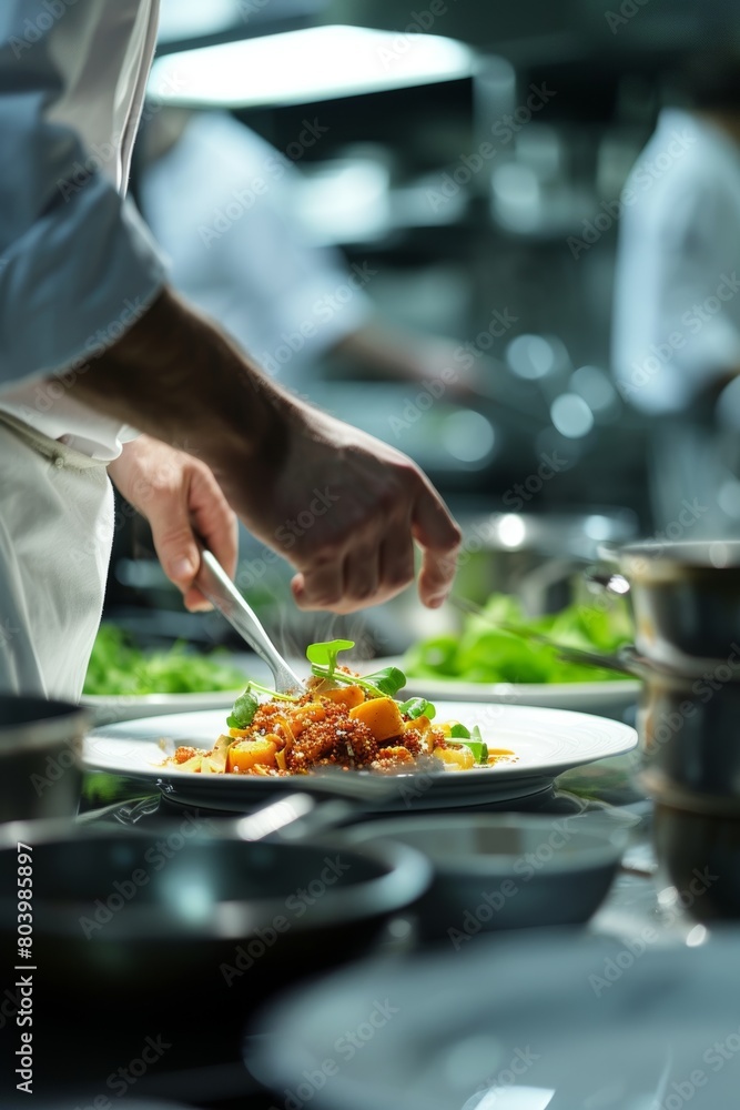 Chef meticulously plating a dish with precision in a professional kitchen highlighting the focus on fine dining.