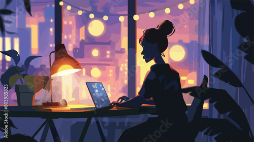 Woman working at table in evening Vector style vector