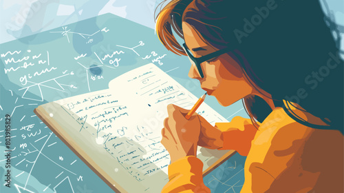 Woman writing maths formulas in copybook with pencil