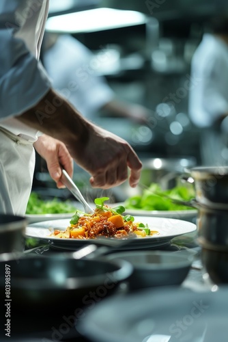 Chef meticulously plating a dish with precision in a professional kitchen highlighting the focus on fine dining.