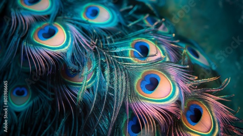 A close-up of peacock feathers, their iridescent colors and intricate patterns creating a naturally occurring abstract masterpiece against a dark.