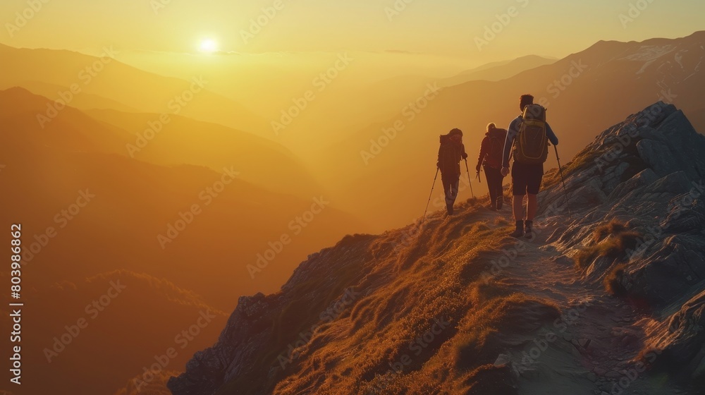 Group of hikers on mountain ridge at sunset overlooking a scenic valley.
