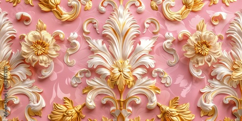 Pink and Yellow 3D Baroque Pattern Background. Classical Light Ornate Wallpaper.