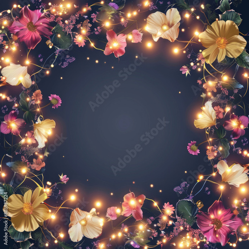 Beautiful fairy lights pattern with flowers around the frame with blank center for background