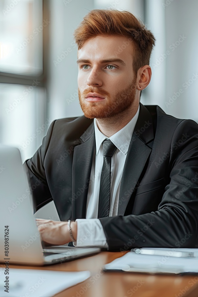 A man in a suit is sitting at a desk with a laptop in front of him A man in a suit is sitting at a desk with a laptop in front of him