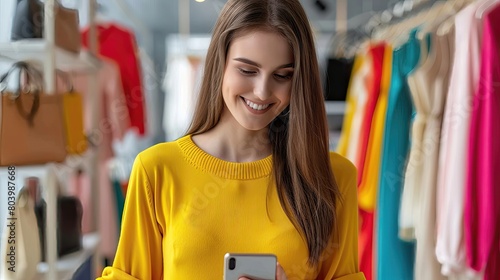 A woman in a yellow shirt is smiling