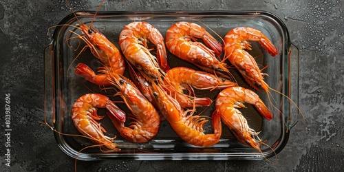 glass tray with some raw spanish red prawns
