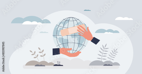 Humanitarian aid and international medical support tiny person hands concept. Global donations with humanitarian help and donations vector illustration. Volunteer help with pharmacy in crisis regions