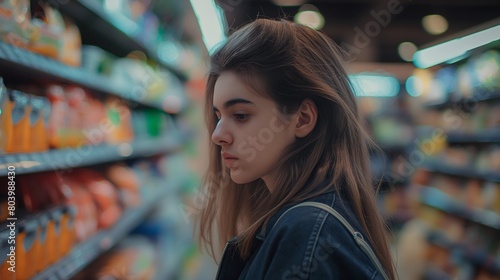 Young woman shopping in supermarket aisle
