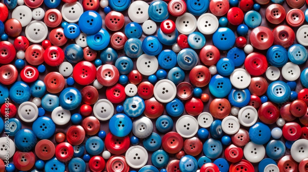 Vibrant display of vote buttons in red, white, and blue, neatly arranged, capturing the essence of patriotism under studio lights Vibrant display of vote buttons in red, white, and blue, neatly arranged, capturing the essence of patriotism under studio lights