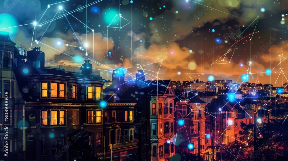 Naklejka premium Vibrant digital community, smart homes networked via IoT, set against a backdrop of historic urban decay, symbolizing progress