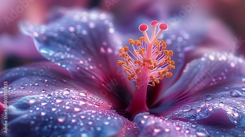 A macro photograph of a blue hibiscus flower with water droplets on its petals.