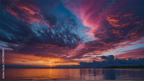 A stunning background sets the stage for a dramatic sunset, with hues of pink, orange, and purple painting the sky, Generative AI