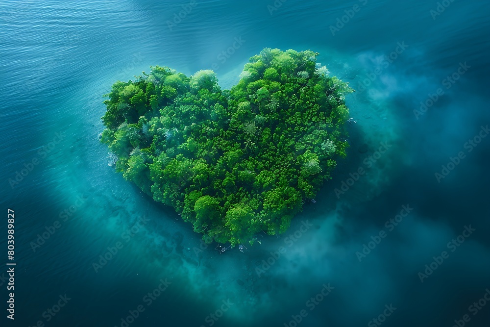 Create a lush, heart-shaped island surrounded by crystal-clear waters, with rich greenery and dense forests