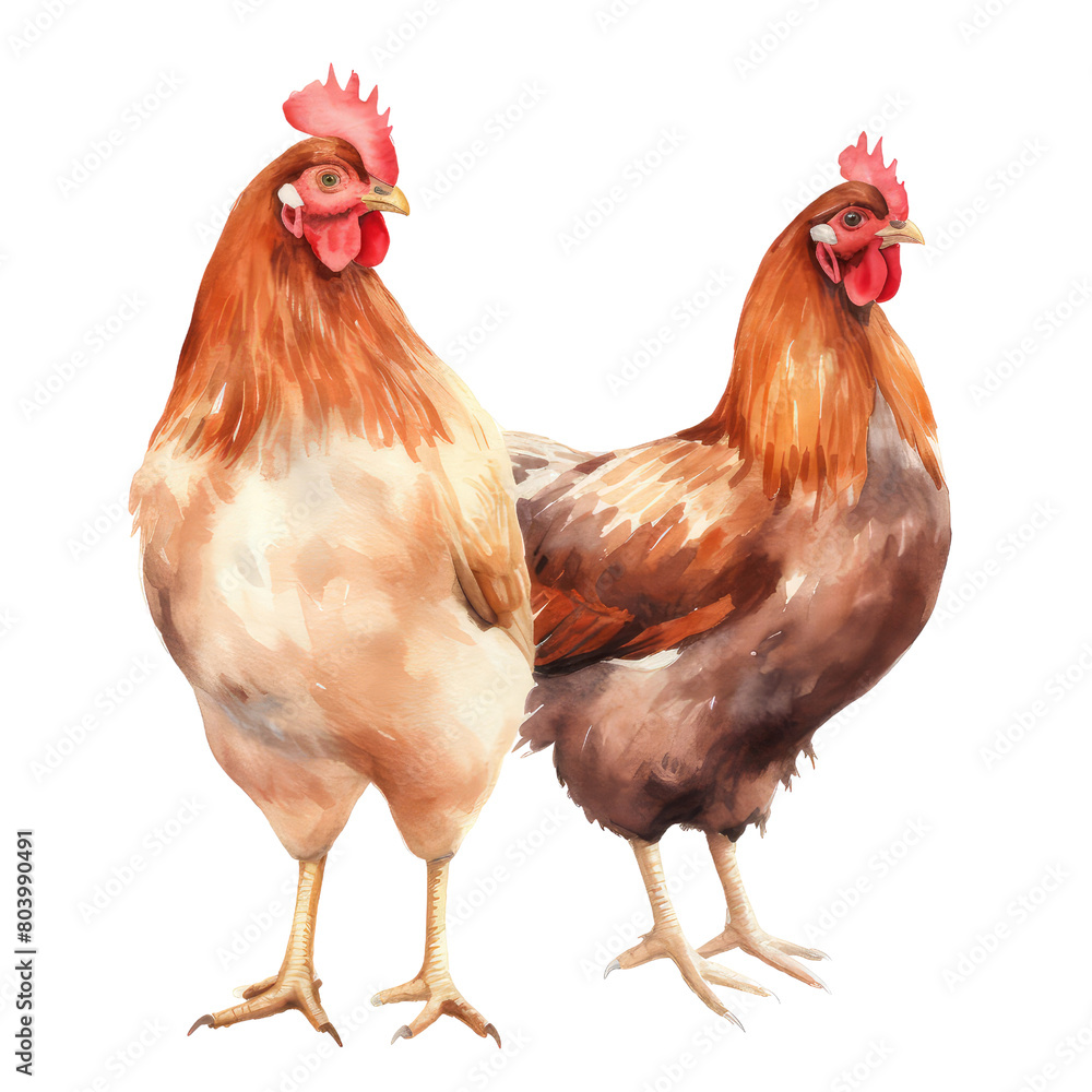 AI-Generated Watercolor Two Chickens Clip Art Illustration. Isolated elements on a white background.