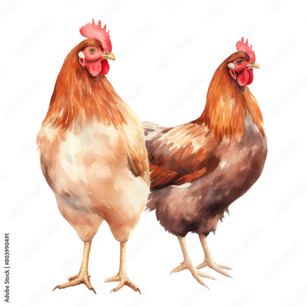 Naklejka premium AI-Generated Watercolor Two Chickens Clip Art Illustration. Isolated elements on a white background.