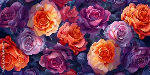 Romantic Valentine's Day Background with Multicolored Flowers. Floral Wallpaper with Purple, Pink and Orange Roses.