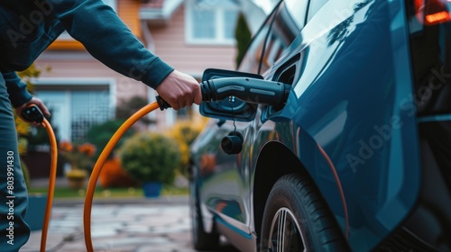 A technician connects an electric vehicle to a home charging station, illustrating the integration of renewable energy in daily life. AIG41 © Summit Art Creations