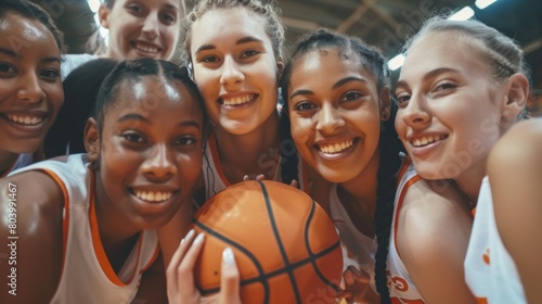 Closeup of smiling and happy female basketball players holding the ball together and looking at camera photo