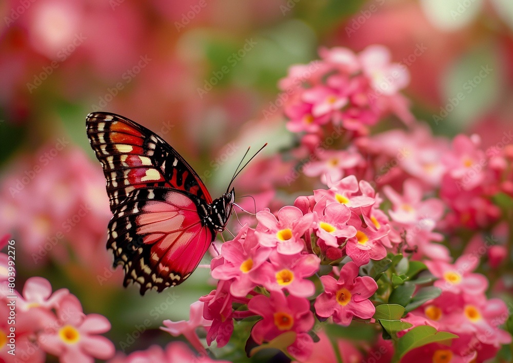Naklejka premium Vibrant Monarch Butterfly Pollinating Pink Flowers in Lush Garden