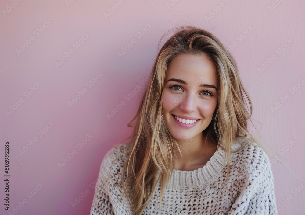 Radiant Young Woman Smiling in Cozy White Sweater on Pink Background