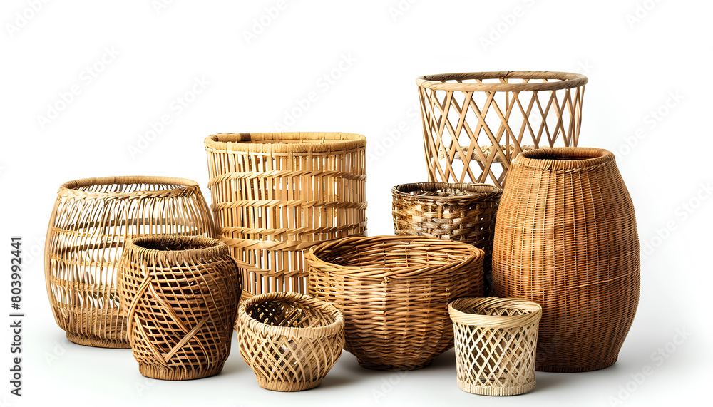set of stylish rattan baskets on white background set of stylish rattan baskets on white background