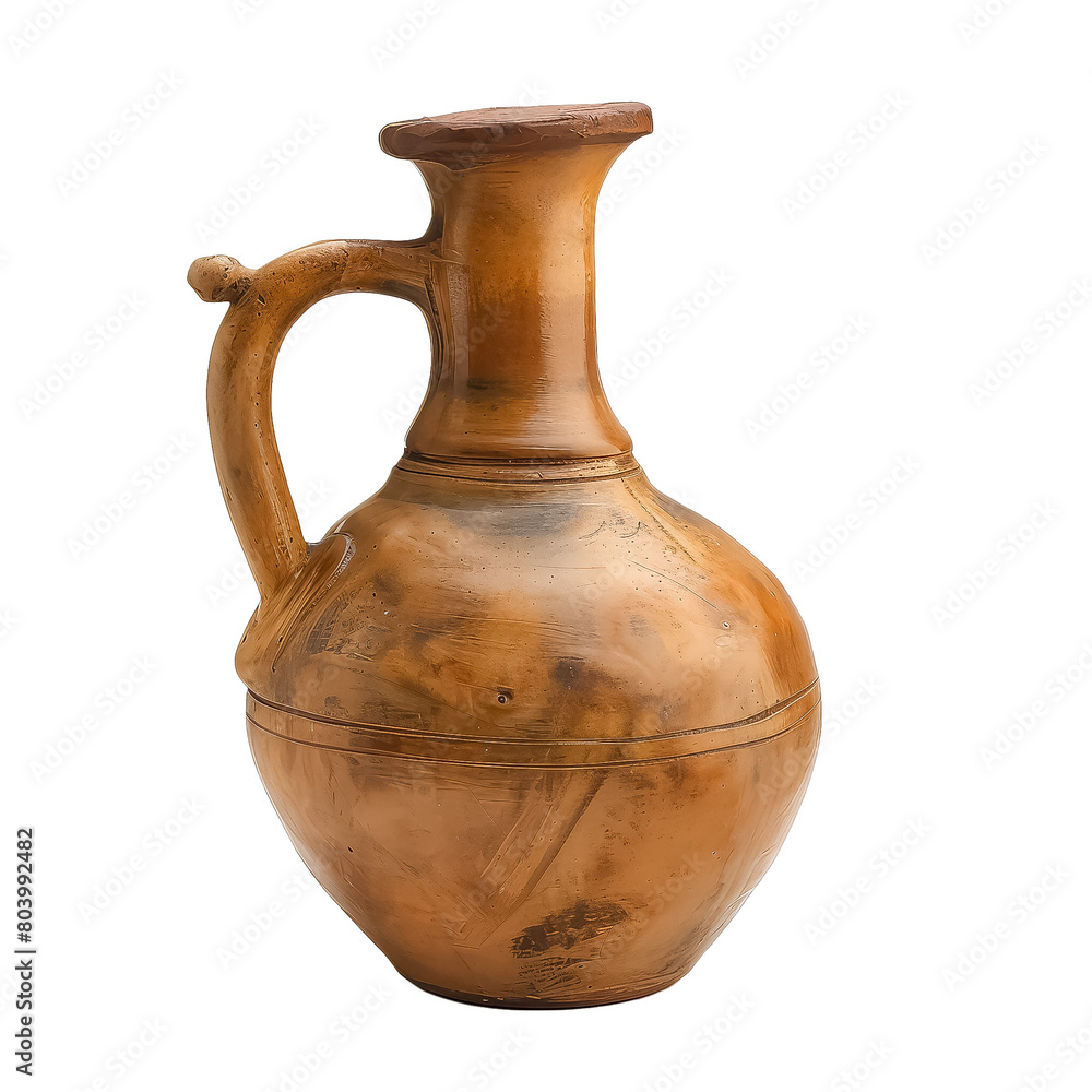 A yellow vase with a brown handle sits on a white background