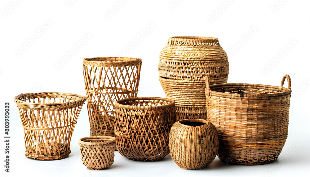 set of stylish rattan baskets on white background