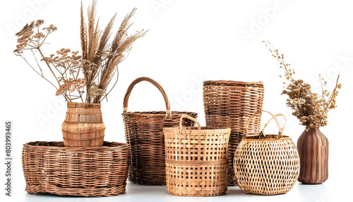 set of stylish rattan baskets on white background