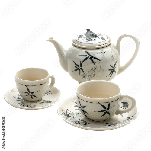 A white and black tea set with a bird on top of the teapot