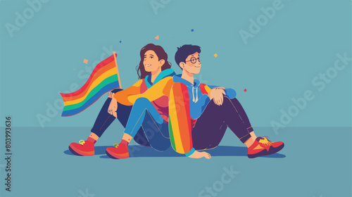 Young couple with LGBT flags sitting on blue background  © Noman