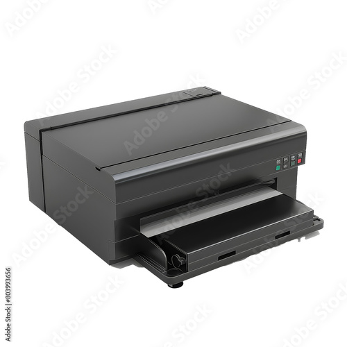 A black printer sits on a white background