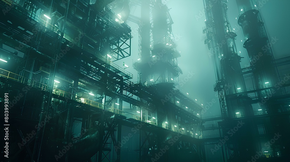 close-up,of an underwater industrial complex, encompassing a vast array of submerged factory machinery and infrastructure, a testament to modern engineering and design in the aquatic frontier,