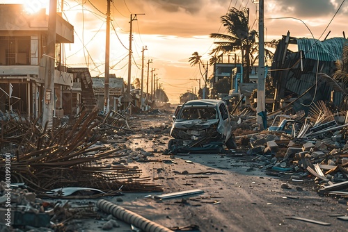 a post-hurricane street scene with debris and destroyed buildings, with a focus on a lone, damaged vehicle in the foreground. photo
