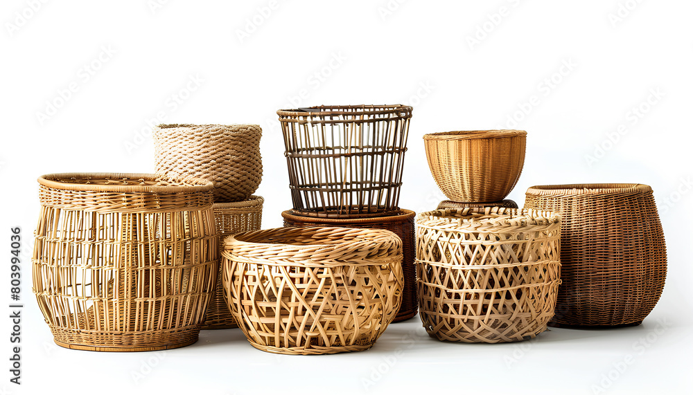 set of stylish rattan baskets on white background set of stylish rattan baskets on white background