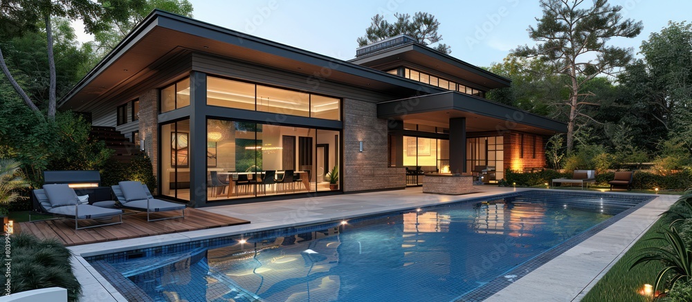 Modern house with swimming pool and barbecue in the backyard at dusk Modern house with swimming pool and barbecue in the backyard at dusk