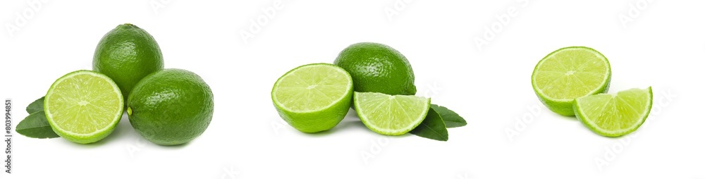 Set of images Collection of fresh green lemons and lime leaves placed isolated on white background. Set of images Collection of fresh green lemons and lime leaves placed isolated on white background.