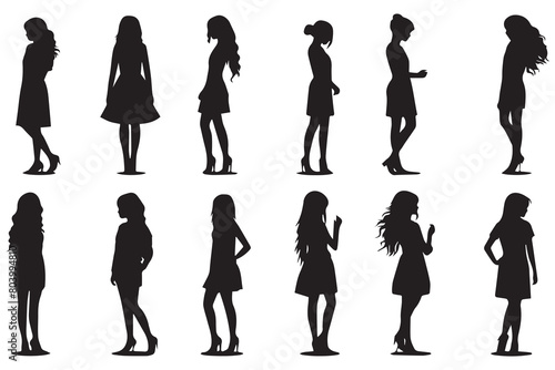 set of Black silhouette dancer girl white background
