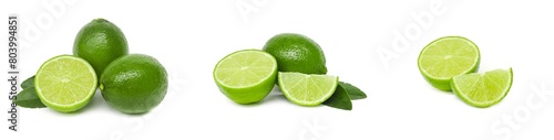 Set of images Collection of fresh green lemons and lime leaves placed isolated on white background.