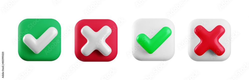 Vector 3d checkmarks icon set. Square glossy red, green and white yes tick and no cross buttons isolated on white background. Check mark and X symbol in square shape realistic 3d render. Vector 3d checkmarks icon set. Square glossy red, green and white yes tick and no cross buttons isolated on white background. Check mark and X symbol in square shape realistic 3d render.