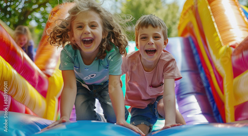 Two children having fun on an inflatable bouncy castle at the school spring festival, jumping and sliding down it while laughing together.