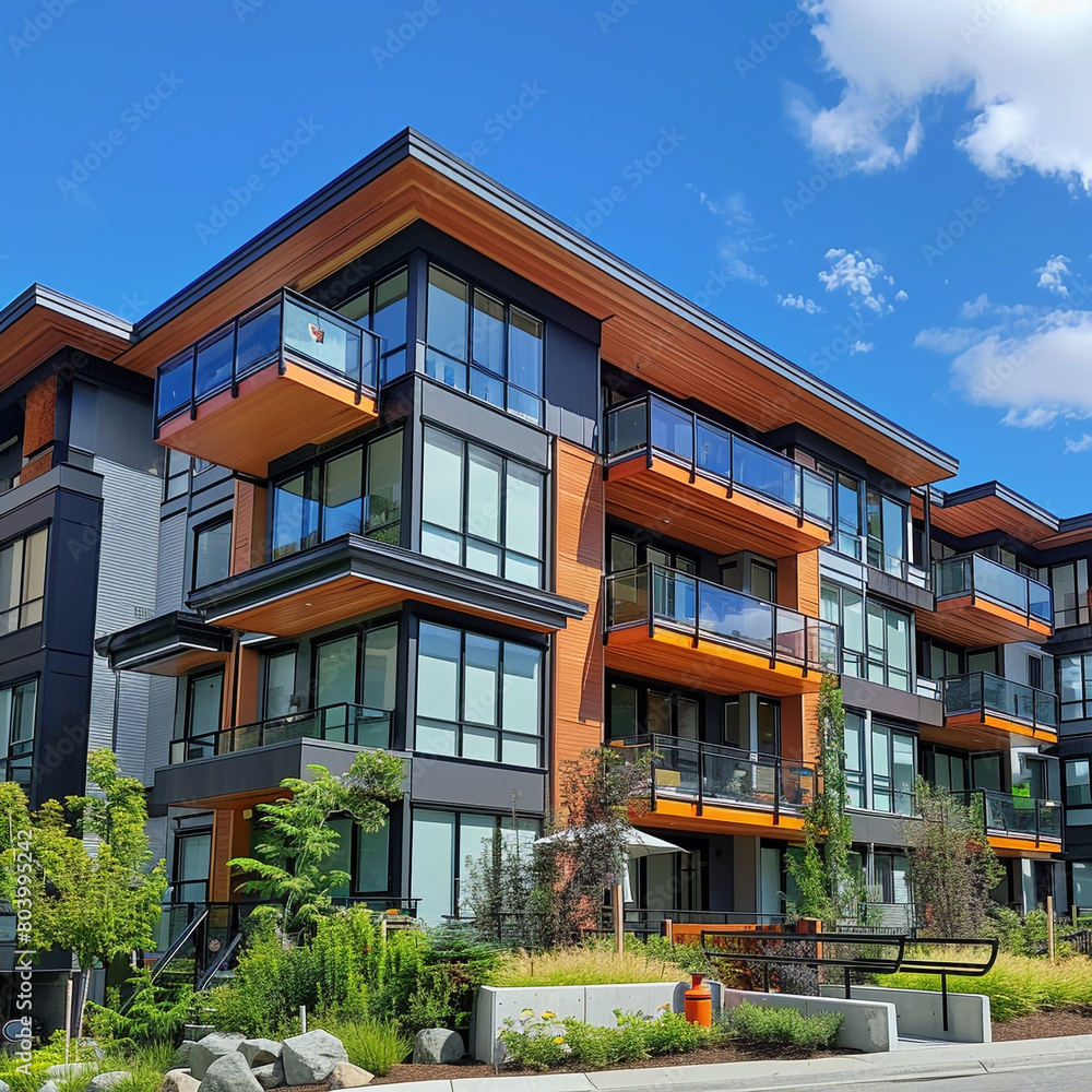 Brand new apartment building on sunny day in British Columbia, Canada