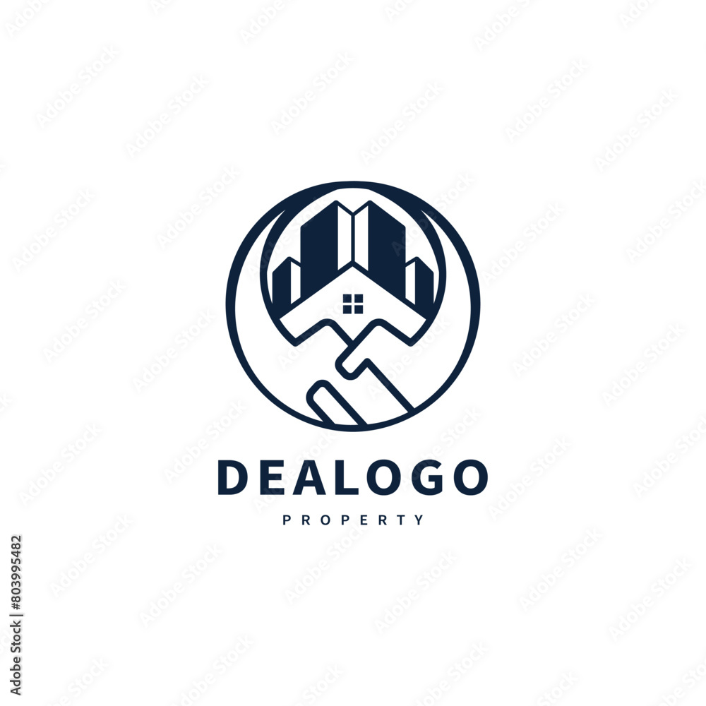 Obraz premium Real estate icon illustration with hand shake symbol for property deal logo design