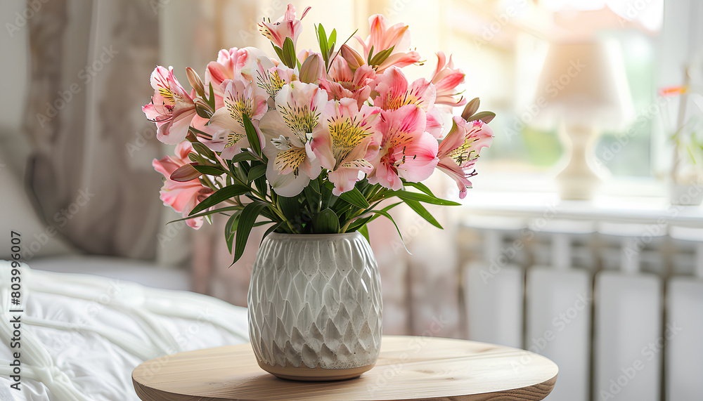 Vase with beautiful alstroemeria flowers and decor on bedside table in bedroom Vase with beautiful alstroemeria flowers and decor on bedside table in bedroom