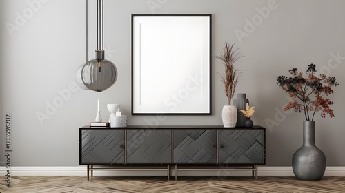 Interior of modern living room with wooden sideboard over white wall. Contemporary room with dresser. Marble flooring. Home design with pendant lights and mock up poster frame.
