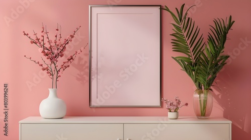 Interior of modern living room with wooden sideboard over white wall. Contemporary room with dresser. Marble flooring. Home design with pendant lights and mock up poster frame.