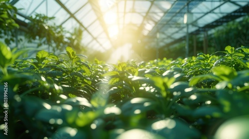 The sunlight filters through the windows of a greenhouse, illuminating a lush garden filled with thriving terrestrial plants. AIG41