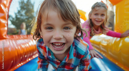 Two children having fun on an inflatable bouncy castle at the school spring festival, jumping and sliding down it while laughing together.