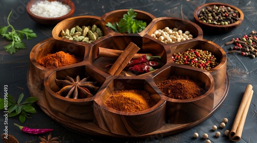 a vibrant and aromatic composition featuring an array of spices arranged meticulously in a wooden carousel