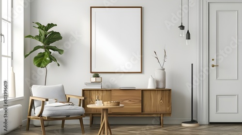 Interior of modern living room with wooden sideboard over white wall. Contemporary room with dresser. Marble flooring. Home design with pendant lights and mock up poster frame.